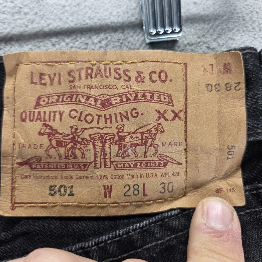 Vintage Levis 501 Jeans Mens Black Button Fly Made In USA Altered Hem Fits 26x27